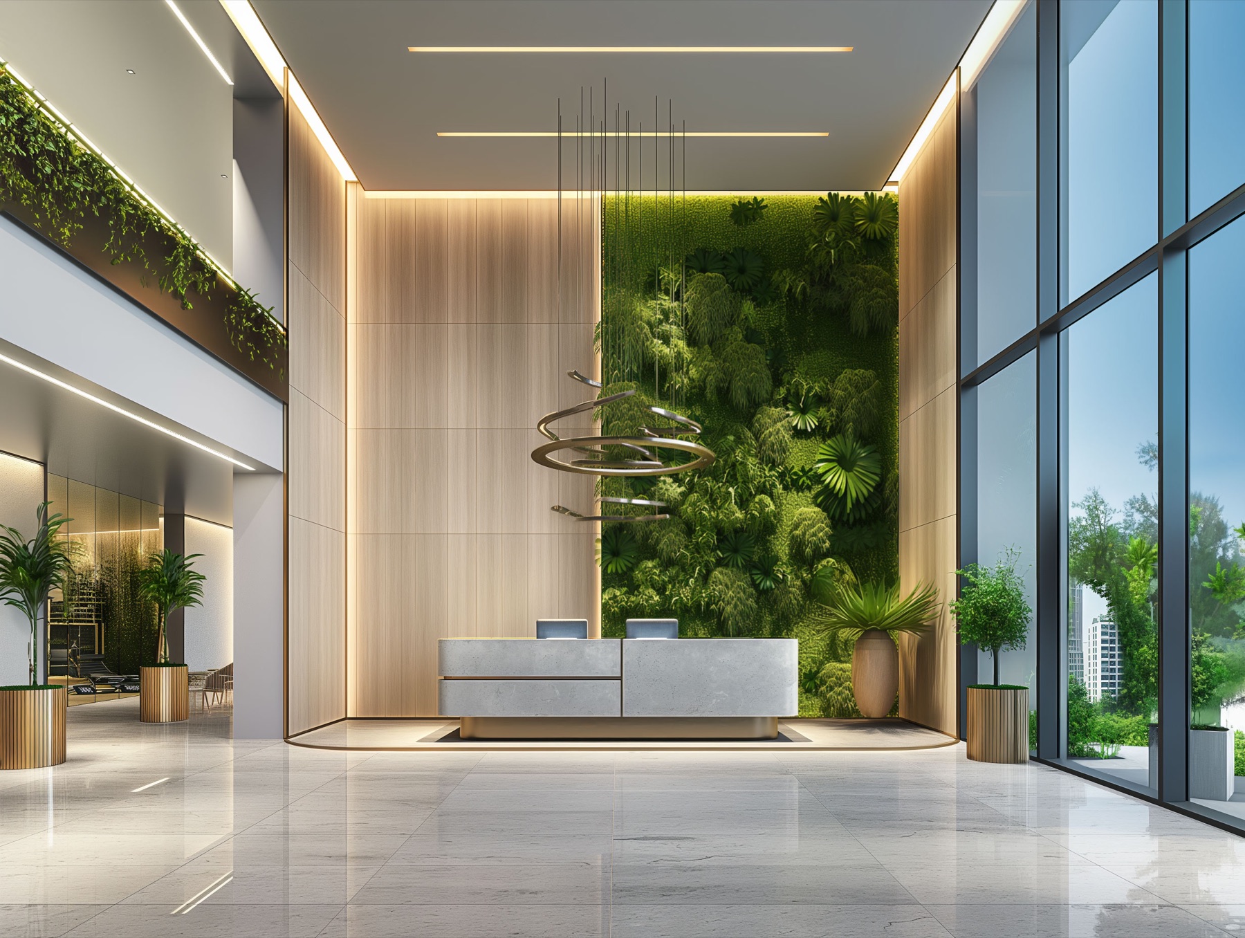 Contemporary condominium lobby with a living green wall